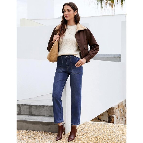 Women Straight Leg Jeans High Waisted Stretchy Denim Ankle Length Pockets - Picture 3 of 8